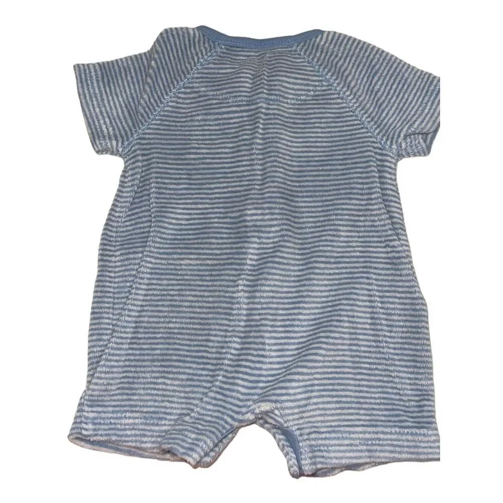 Baby Gap Blue & White Terry Cloth Striped Romper w/ Teddy Bear - Size 0-3 months